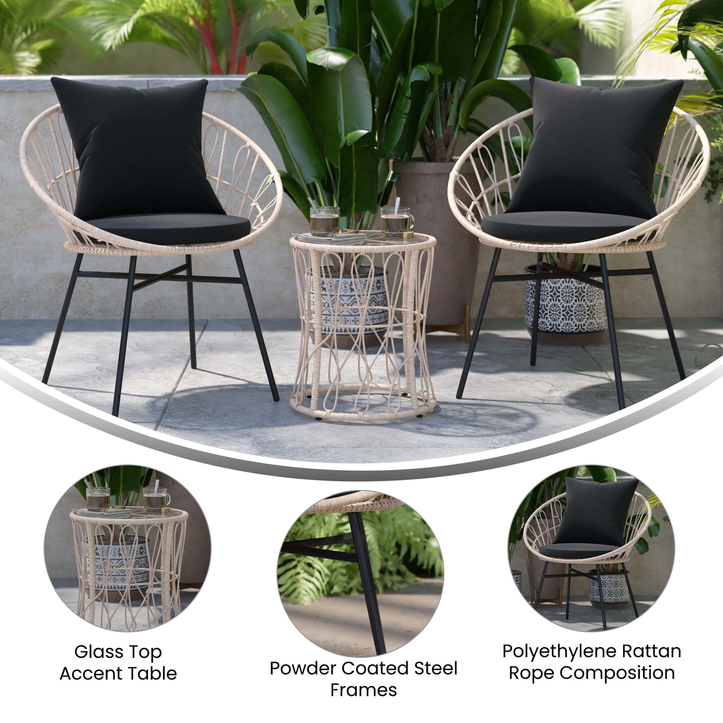 3 PC Tan/Black Rattan Set TW-VN017-18-TAN-BK-GG