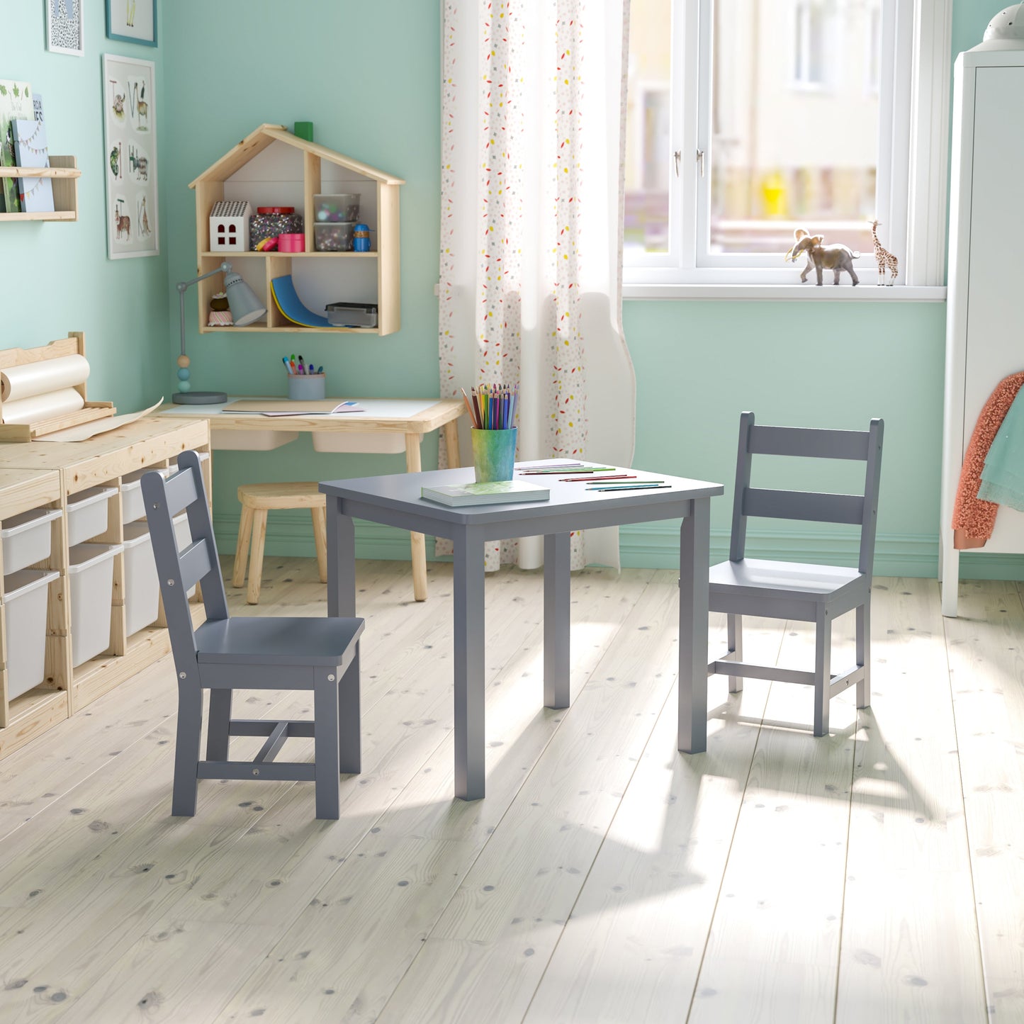 Kids Gray Table & 2 Chair Set TW-WTCS-1001-GRY-GG