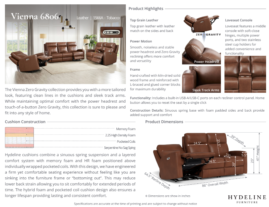 Vienna Power Headrest Zero Gravity Reclining Sofa Collection