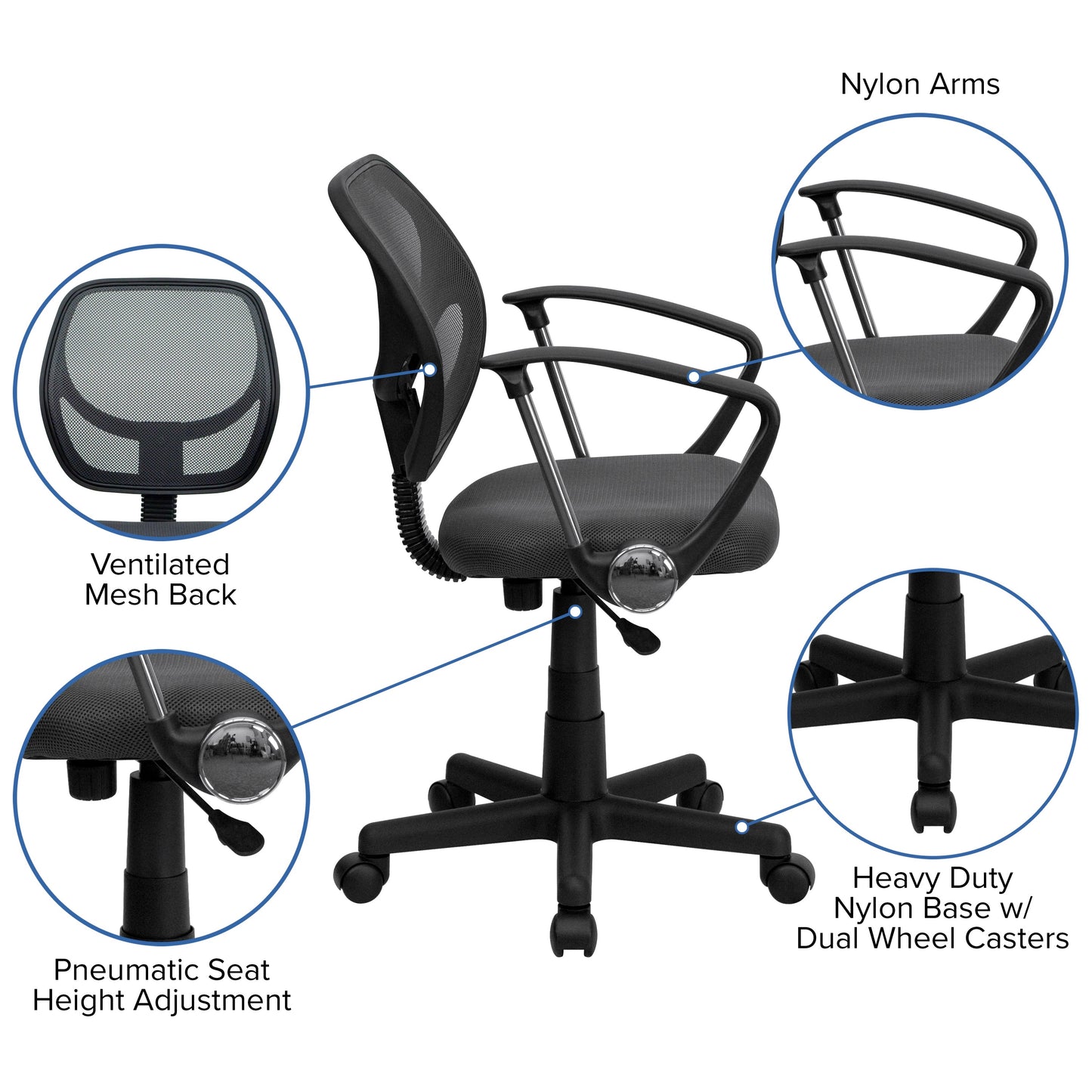 Gray Low Back Task Chair WA-3074-GY-A-GG