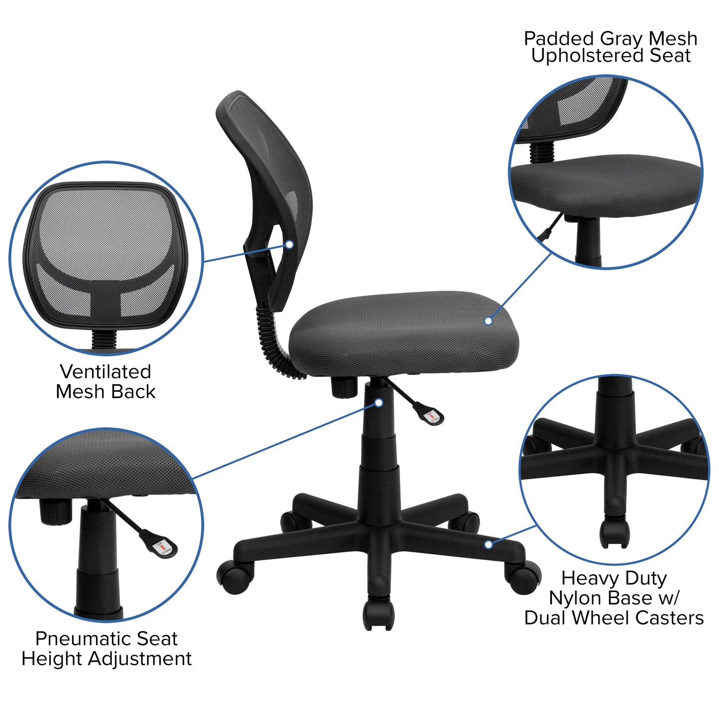 Gray Low Back Task Chair WA-3074-GY-GG