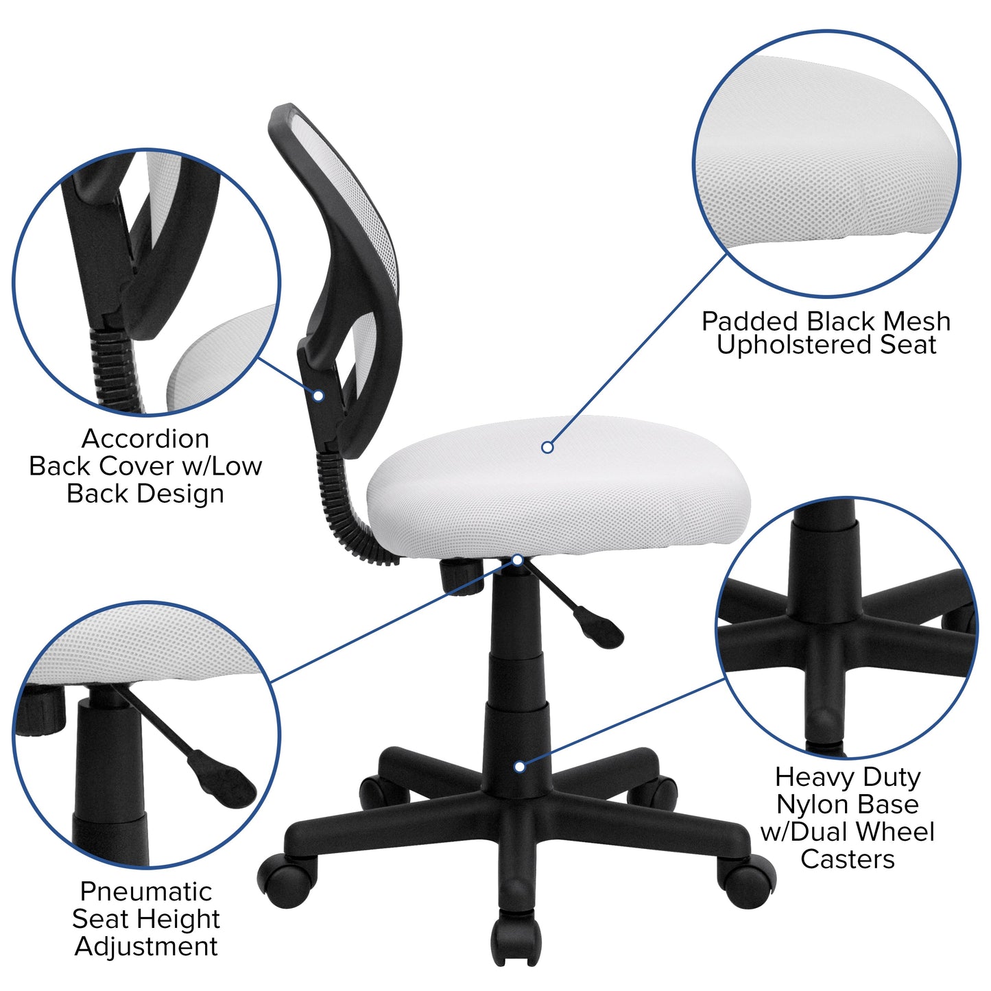 White Low Back Task Chair WA-3074-WHT-GG