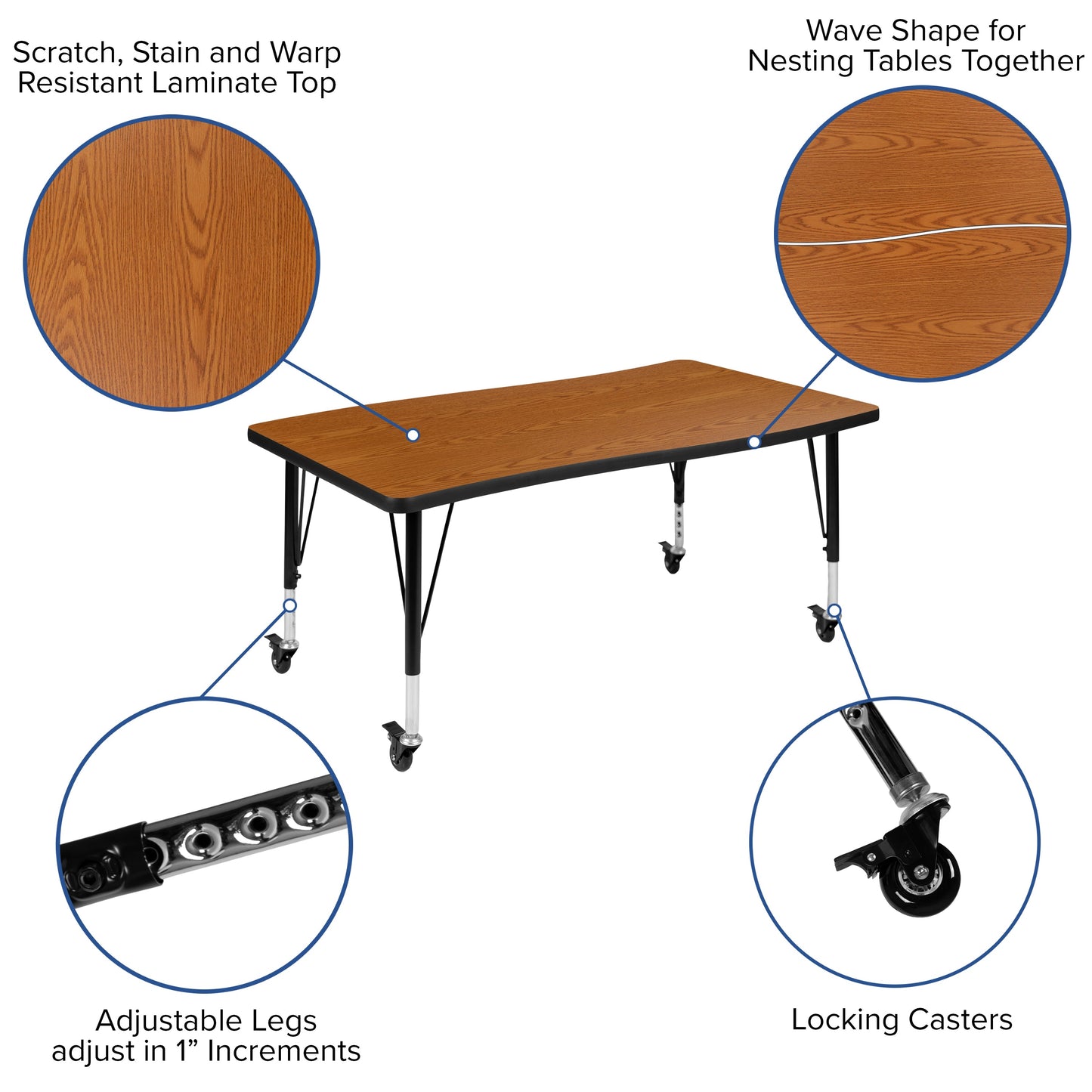 28"W x 48"L Oak Activity Table XU-A3048-CON-OAK-T-P-CAS-GG