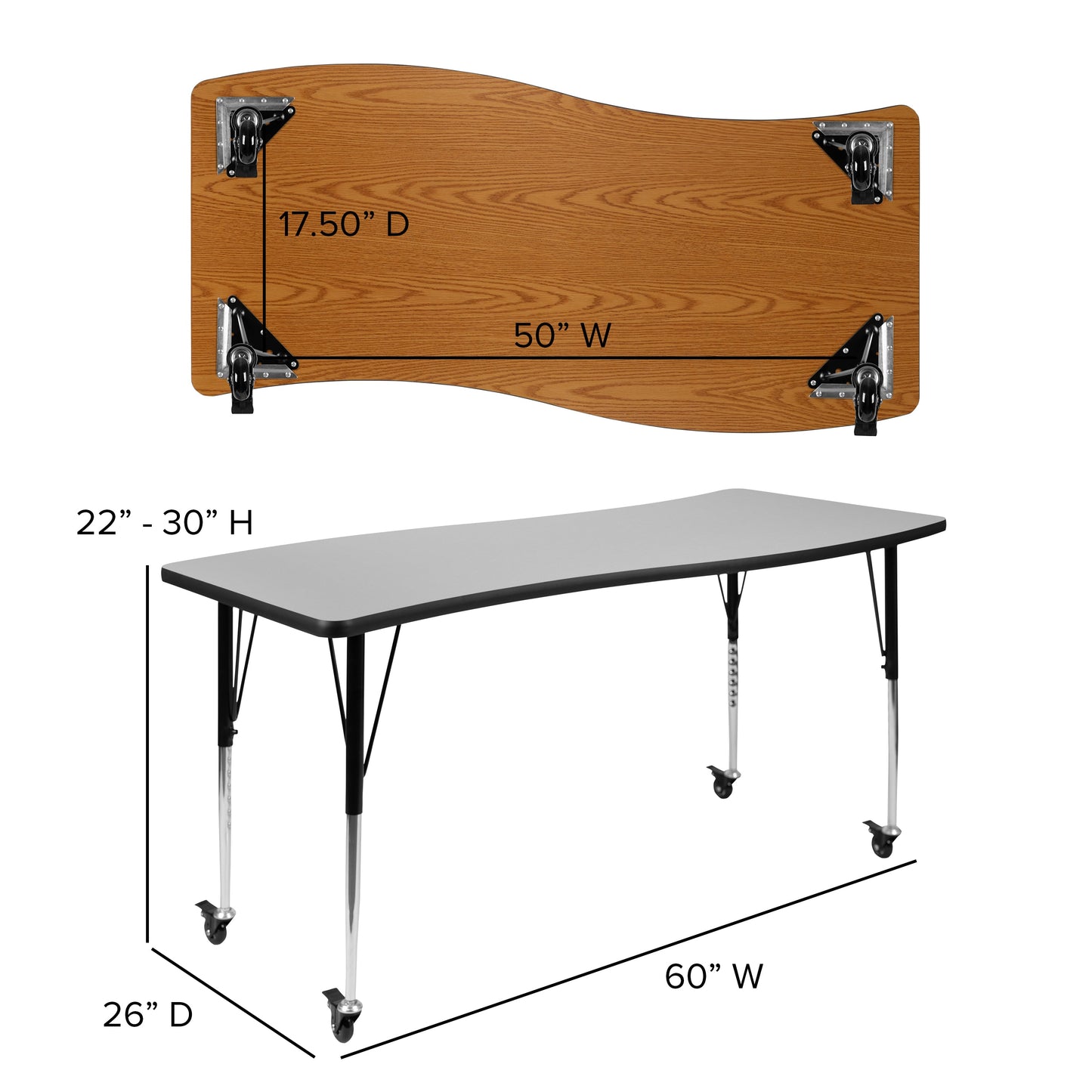 26"Wx60"L Grey Activity Table XU-A3060-CON-GY-T-A-CAS-GG