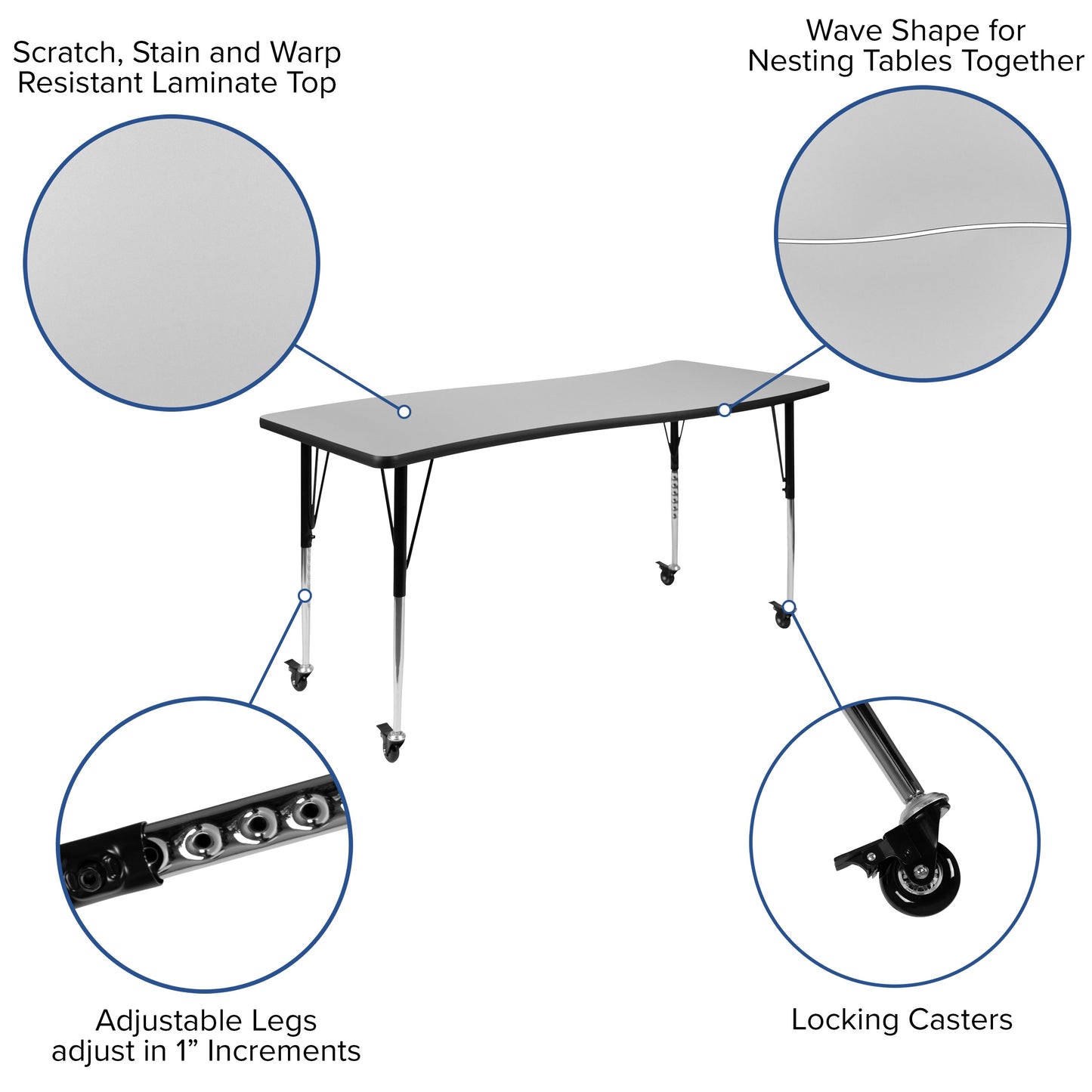 26"Wx60"L Grey Activity Table XU-A3060-CON-GY-T-A-CAS-GG