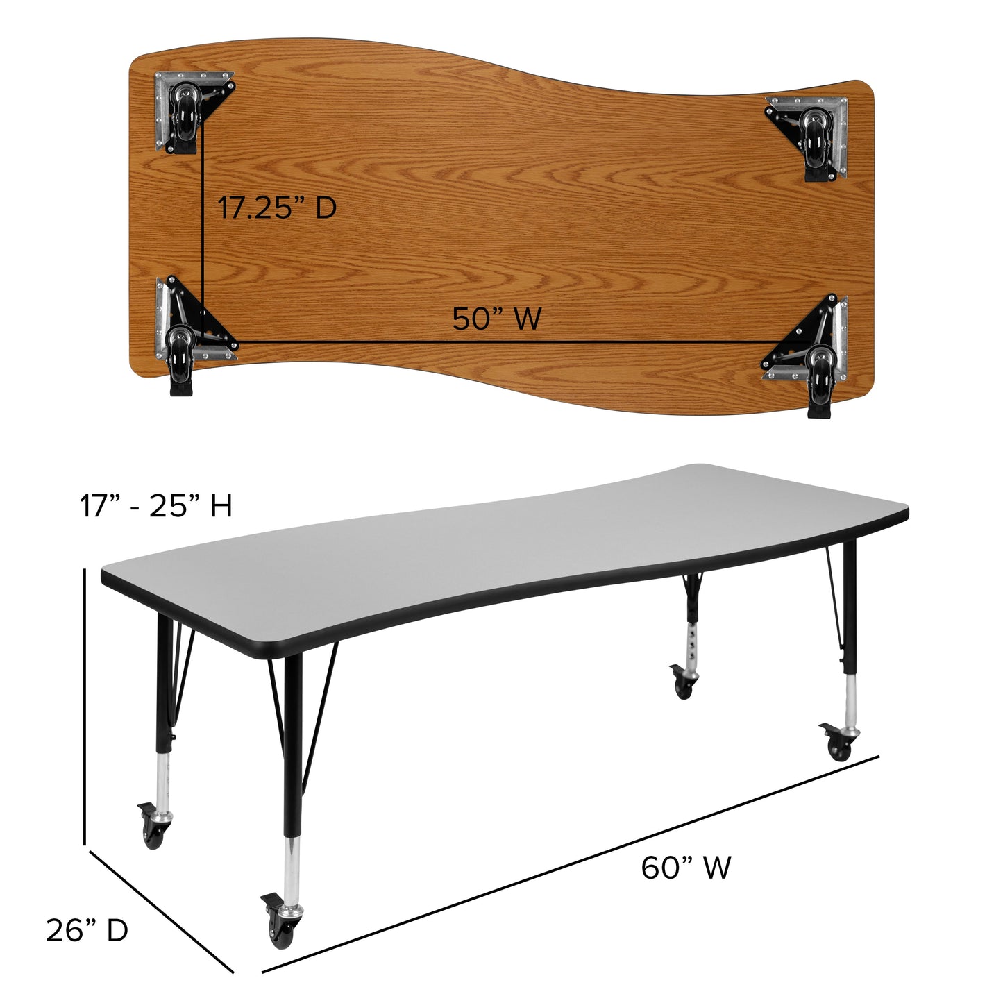 26"Wx60"L Grey Activity Table XU-A3060-CON-GY-T-P-CAS-GG