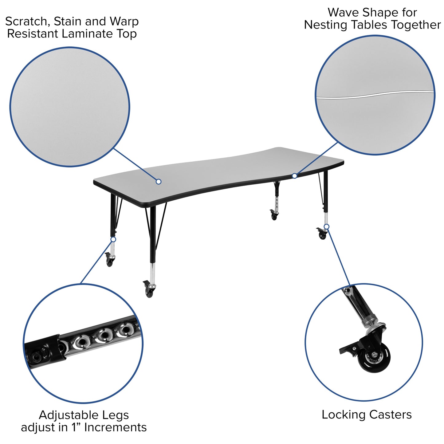 26"Wx60"L Grey Activity Table XU-A3060-CON-GY-T-P-CAS-GG