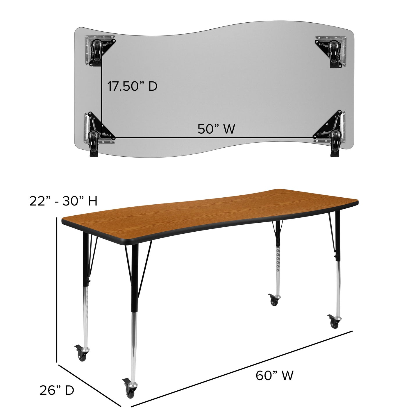 26"W x 60"L Oak Activity Table XU-A3060-CON-OAK-T-A-CAS-GG