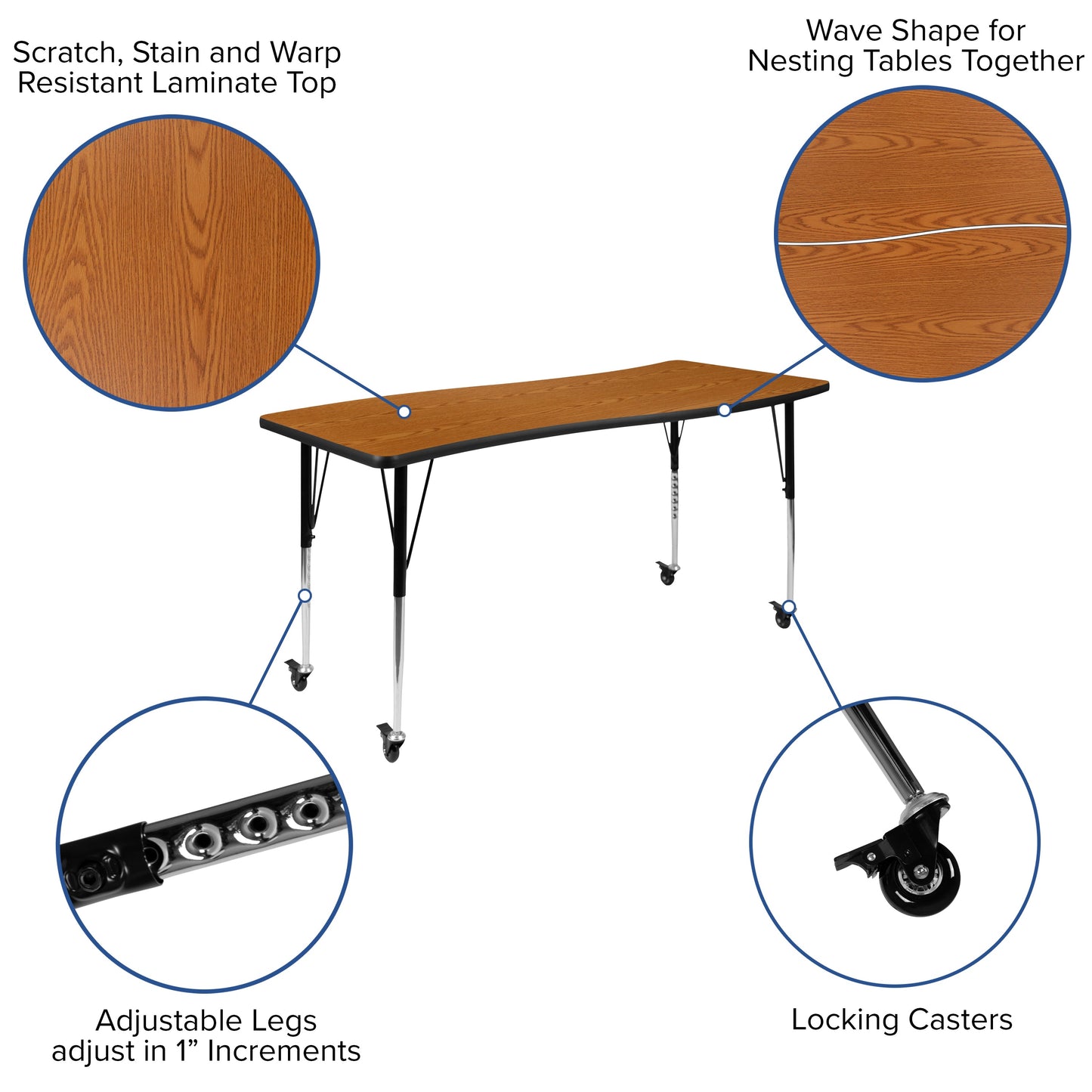 26"W x 60"L Oak Activity Table XU-A3060-CON-OAK-T-A-CAS-GG