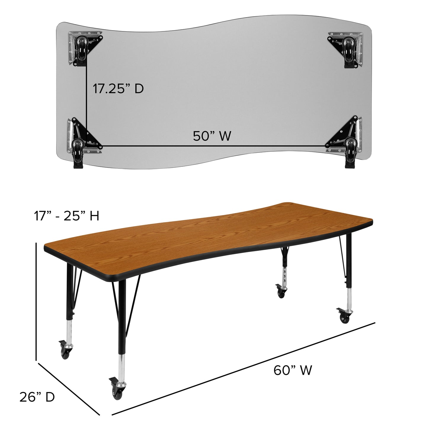 26"W x 60"L Oak Activity Table XU-A3060-CON-OAK-T-P-CAS-GG