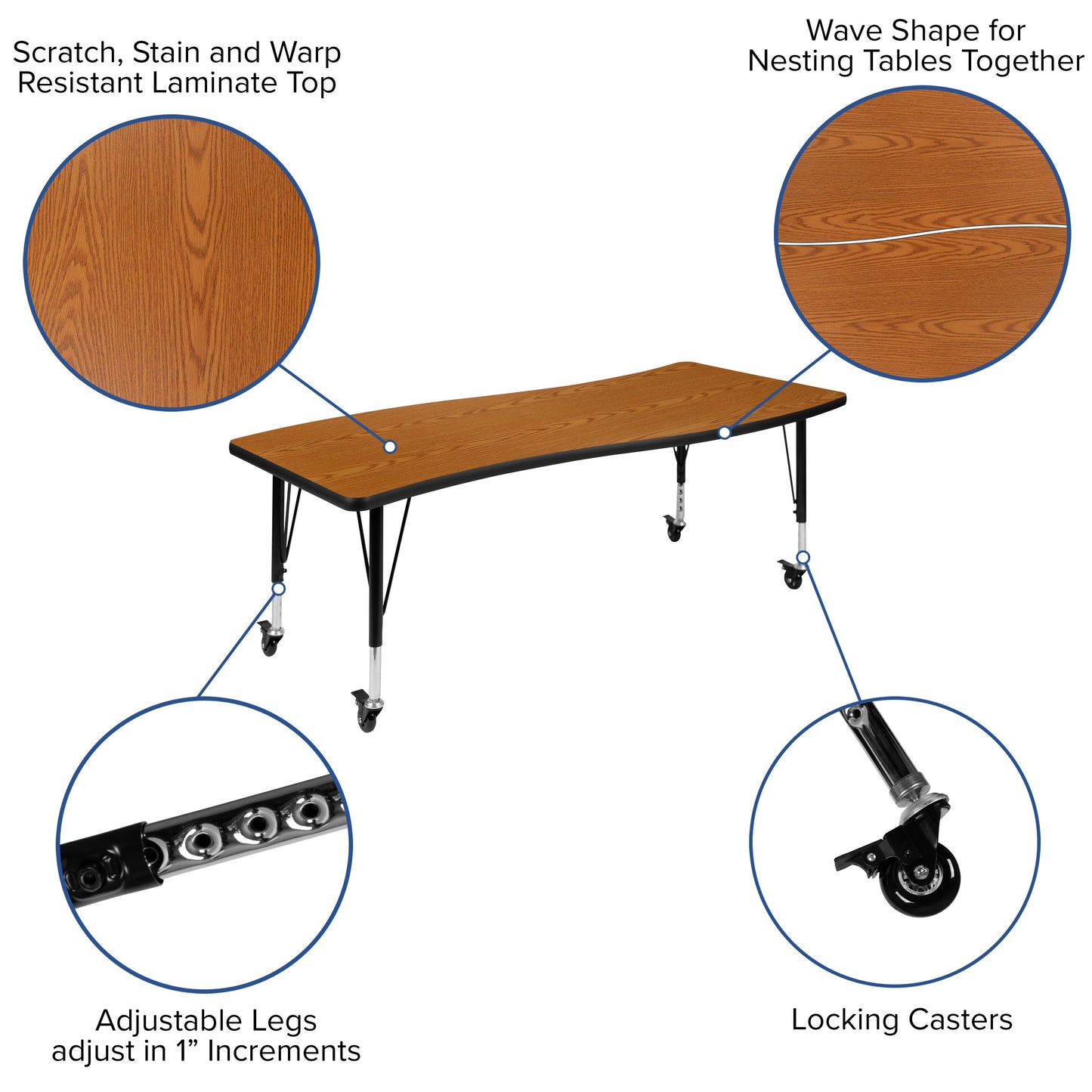 26"W x 60"L Oak Activity Table XU-A3060-CON-OAK-T-P-CAS-GG