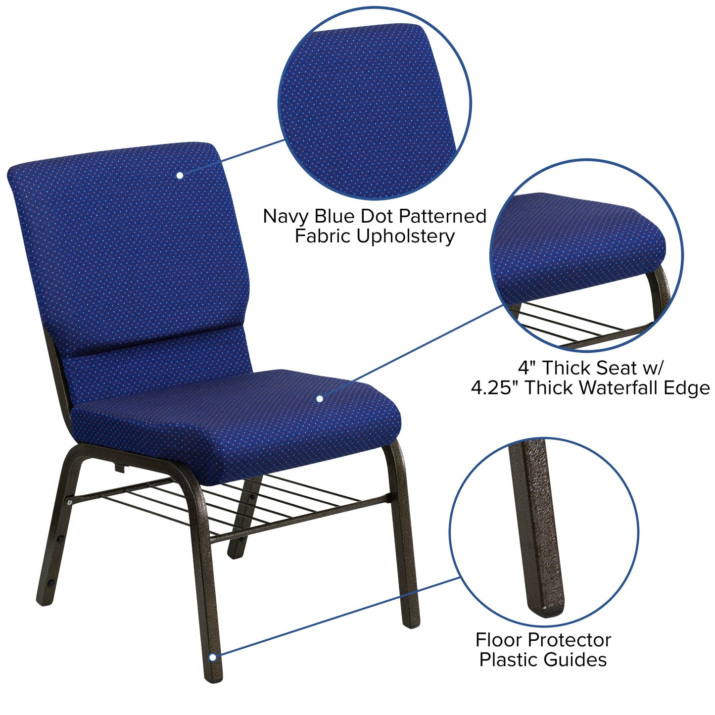 Blue Fabric Church Chair XU-CH-60096-NVY-DOT-BAS-GG