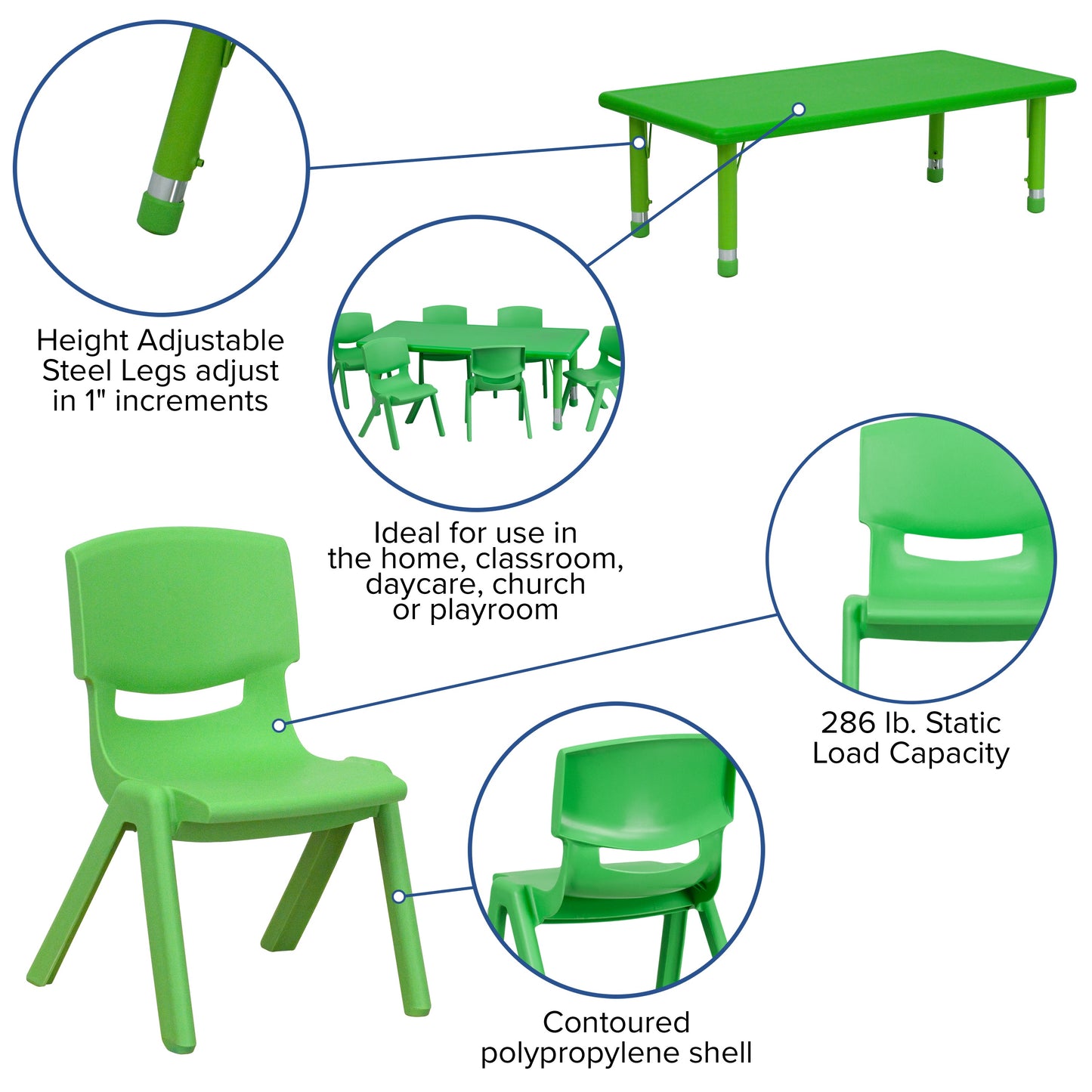 24x48 Green Activity Table Set YU-YCX-0013-2-RECT-TBL-GREEN-E-GG