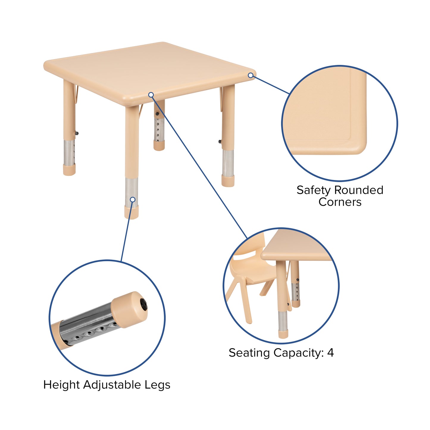 24SQ Plastic Activity Table YU-YCX-002-2-SQR-TBL-NAT-GG