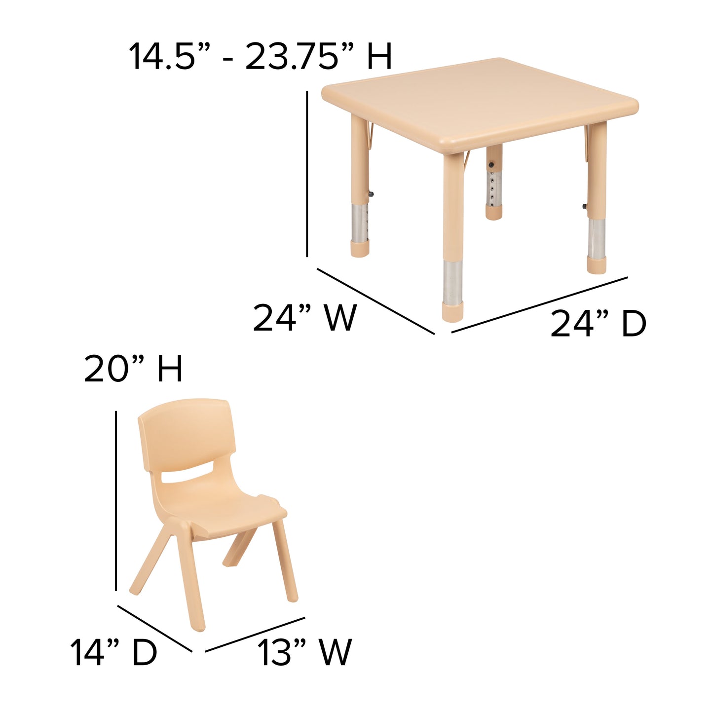 24SQ Natural Kids Table Set YU-YCX-0023-2-SQR-TBL-NAT-E-GG