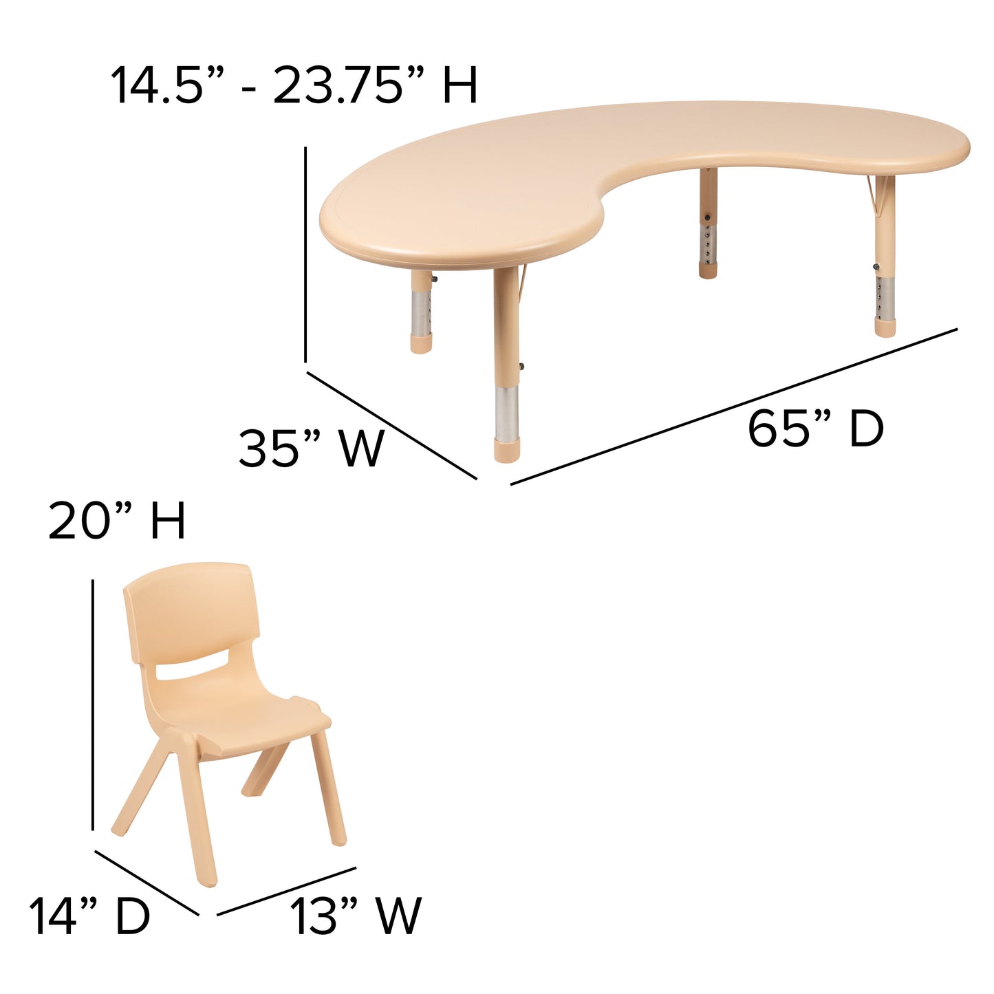 35x65 Natural Kids Table Set YU-YCX-0043-2-MOON-TBL-NAT-E-GG