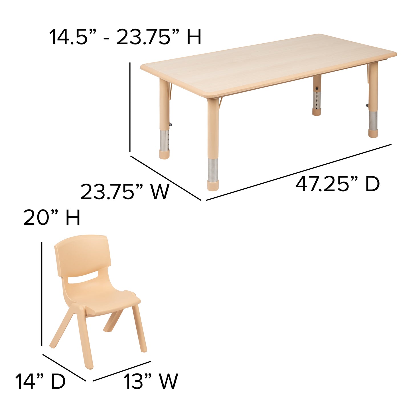 23x47 Natural Kids Table Set YU-YCY-060-0036-RECT-TBL-NAT-GG